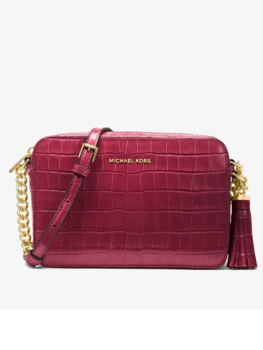 Michael Kors Croc-Embossed Pink Leather Crossbody with Gold Chain